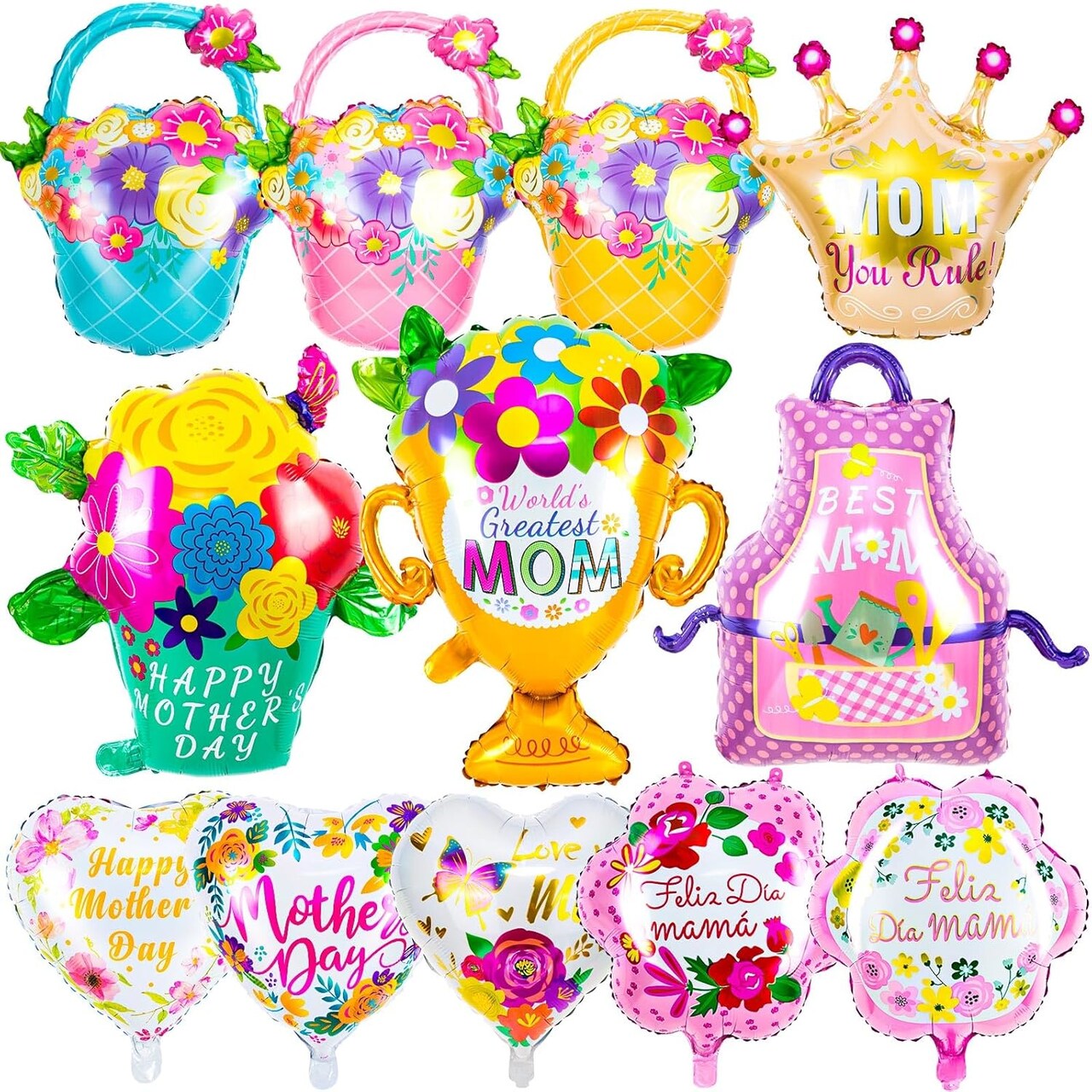 Happy Mother’s Day Balloons – 12PCS Premium Aluminum Foil Balloons | Large Heart & Themed Party Decorations